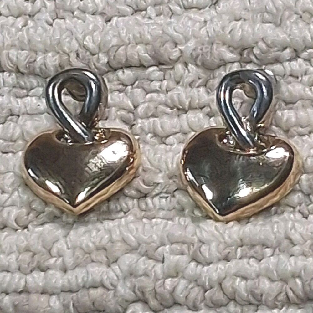 VINTAGE TWO TONE GOLD SILVER PUFFED HEART DROP DANGLE STUD EARRINGS WOMENS
